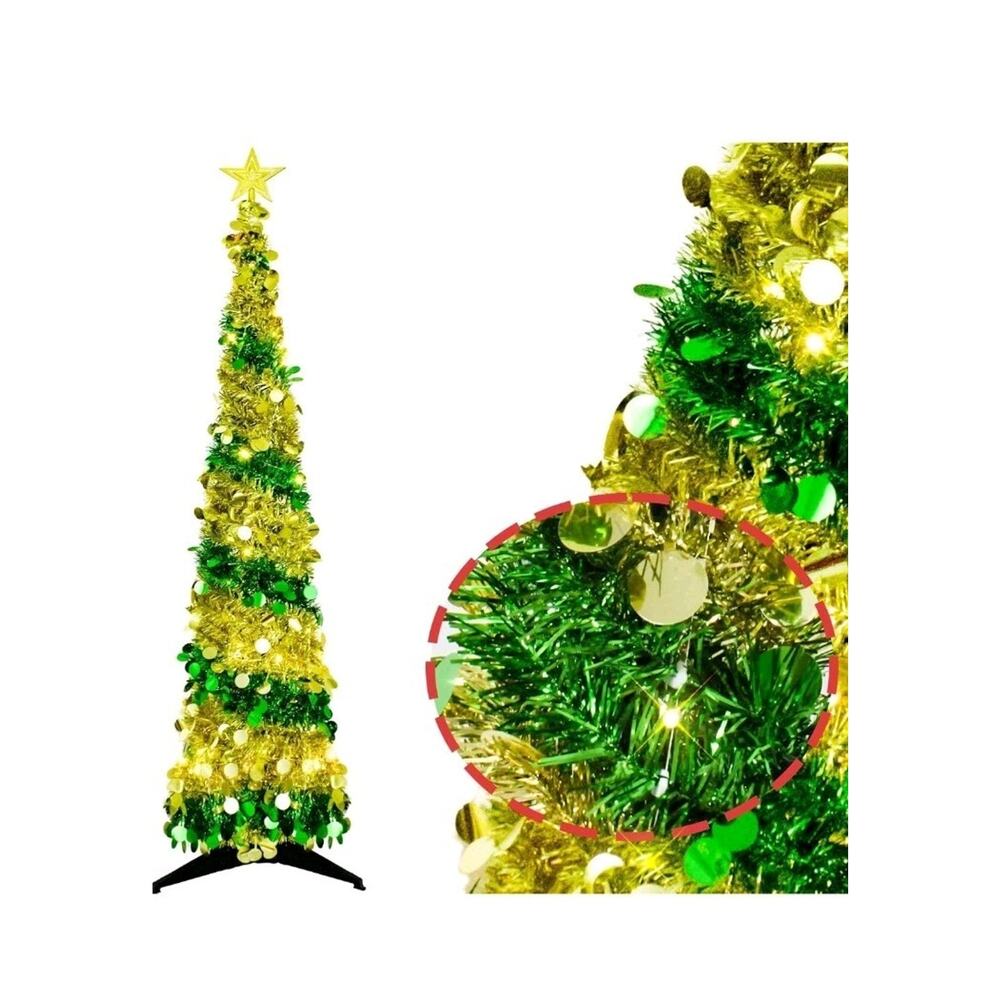 5FT Pop up Christmas Tree Decoration for Indoor, Gold Green Tinsel Pencil Tree w